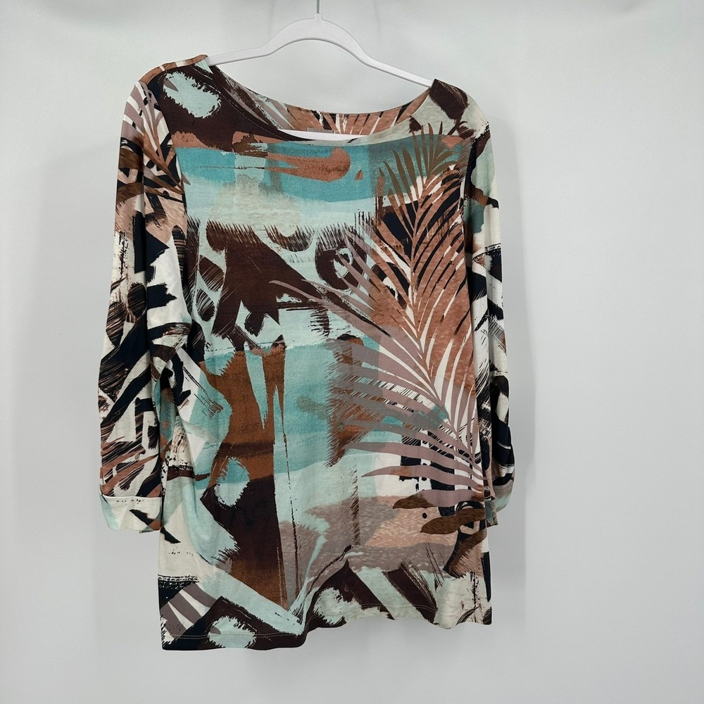 Chicos Womens Tropical Abstract Print Top Sz 2 US L Resort Vacation Travel Artsy
